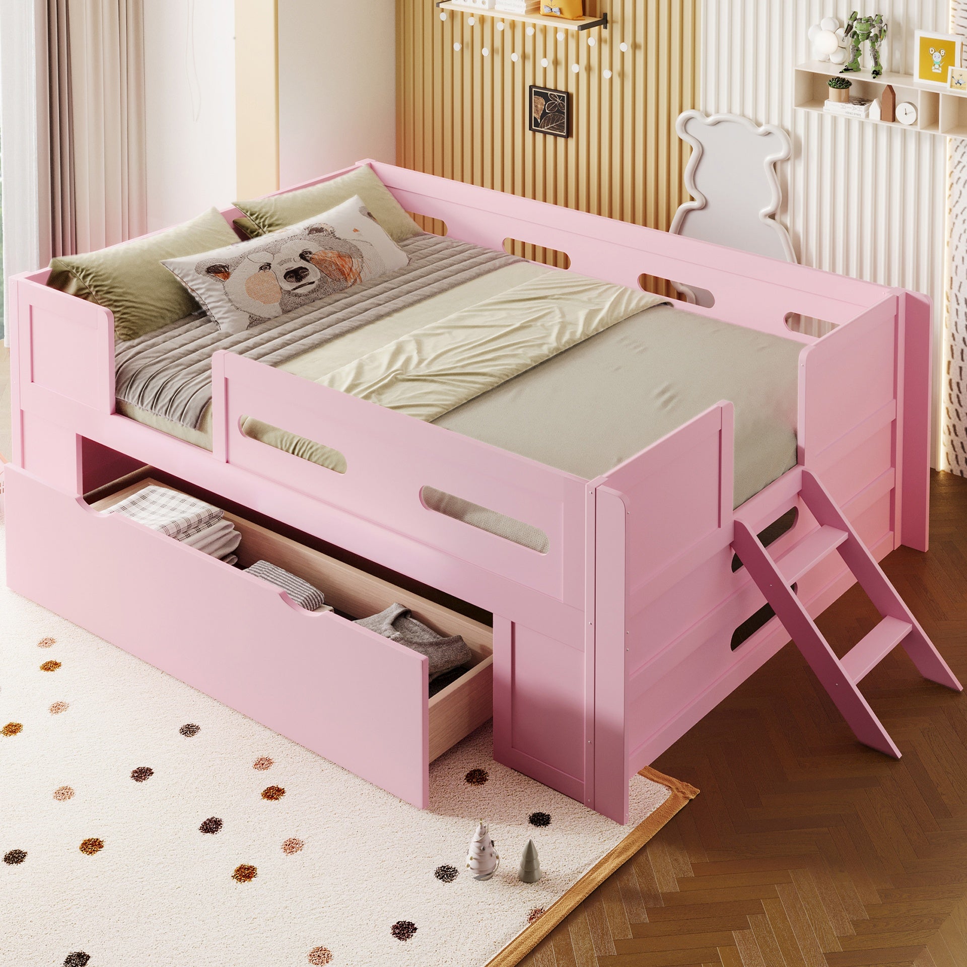 Wood Full Size Platform Bed with Guardrail and Drawer, Pink