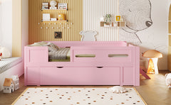Wood Full Size Platform Bed with Guardrail and Drawer, Pink