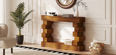 Geometric Block Stacked Wood Console Table with Warm Natural Finish