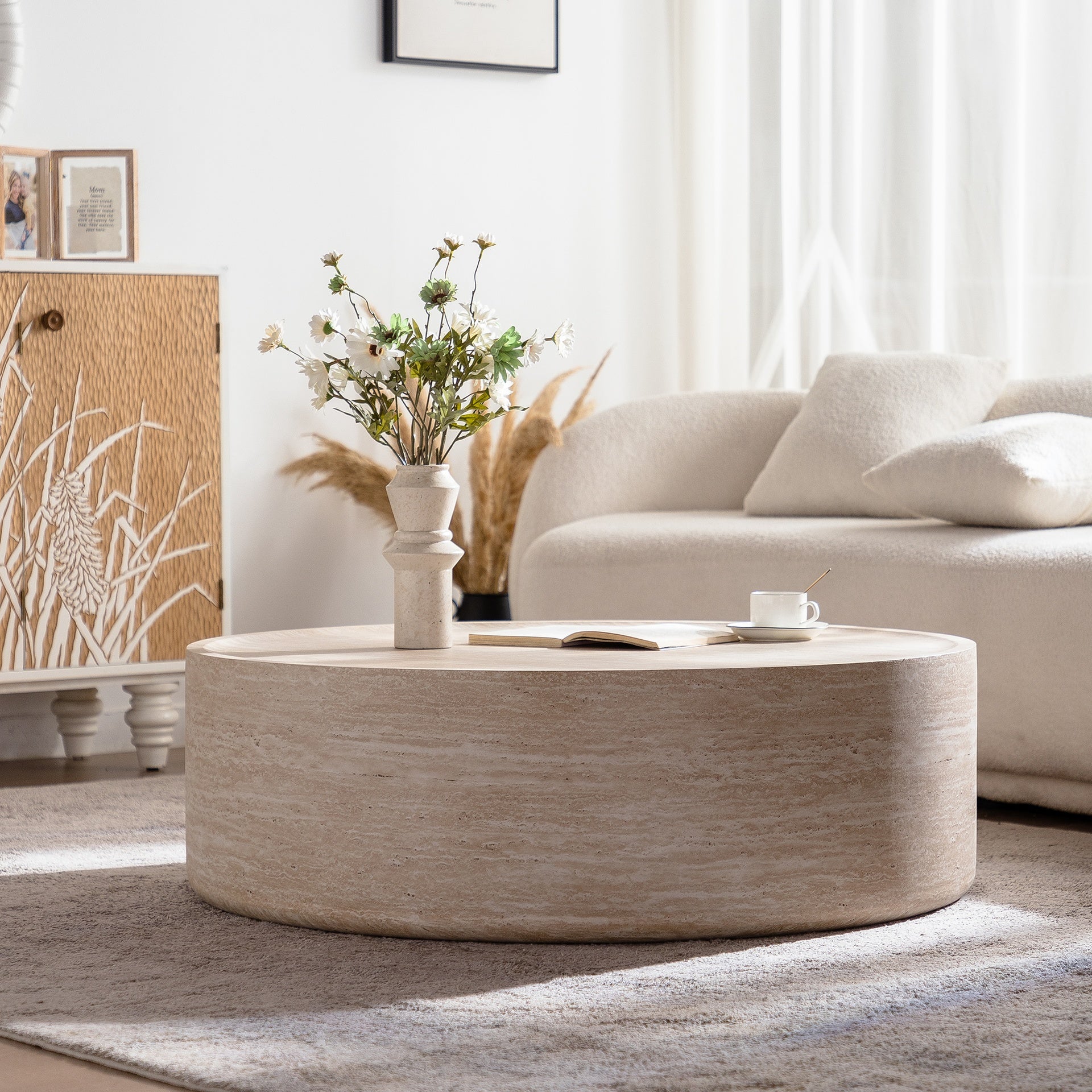 39.37" Round Coffee Table with Mars Pattern for Living Room, Modern Drum Circle Coffee Table for Living Room, No Need Assembly (Mars Pattern)