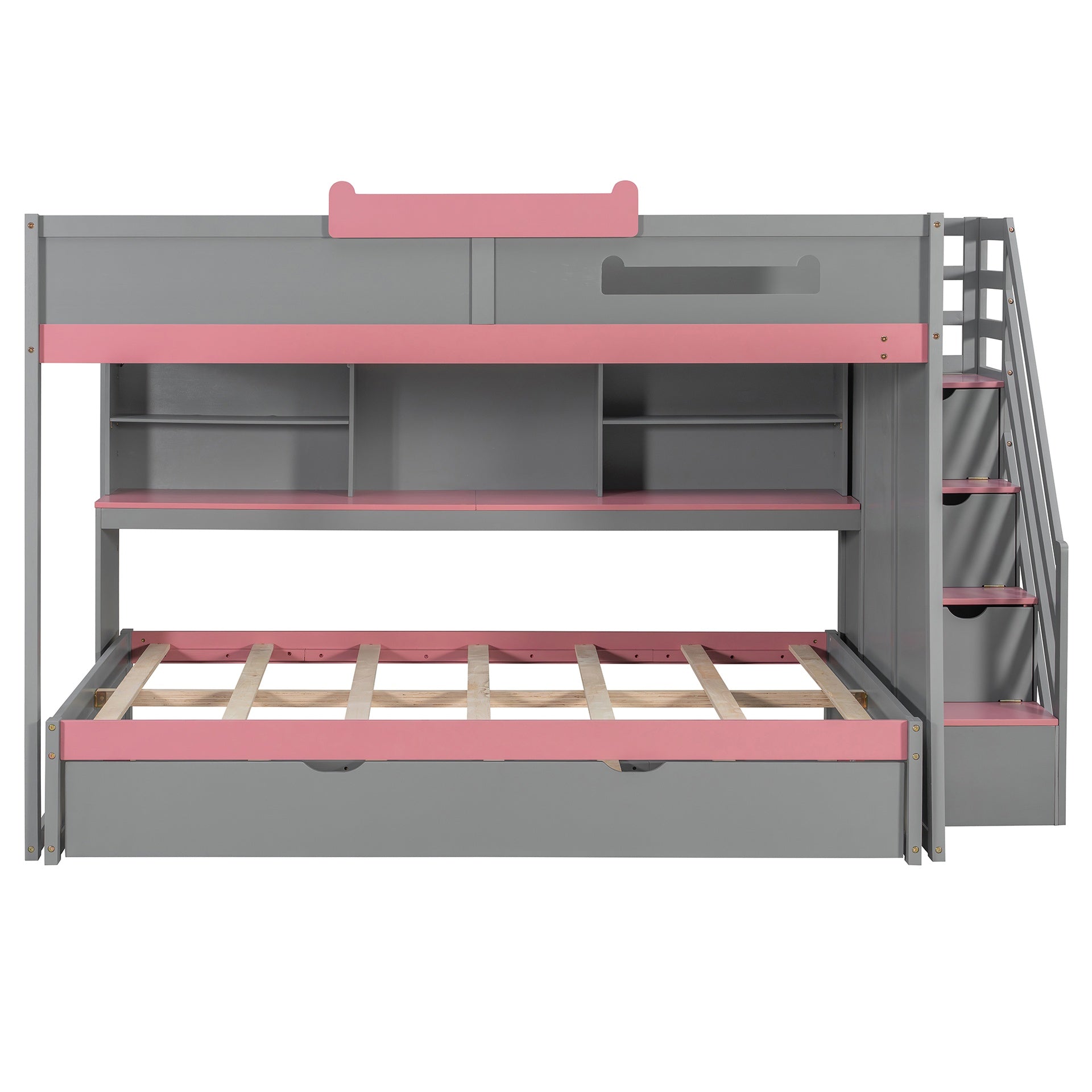 Full Over Full Bunk Bed with Twin Size Trundle and Staircase, Shelves, LED,Gray