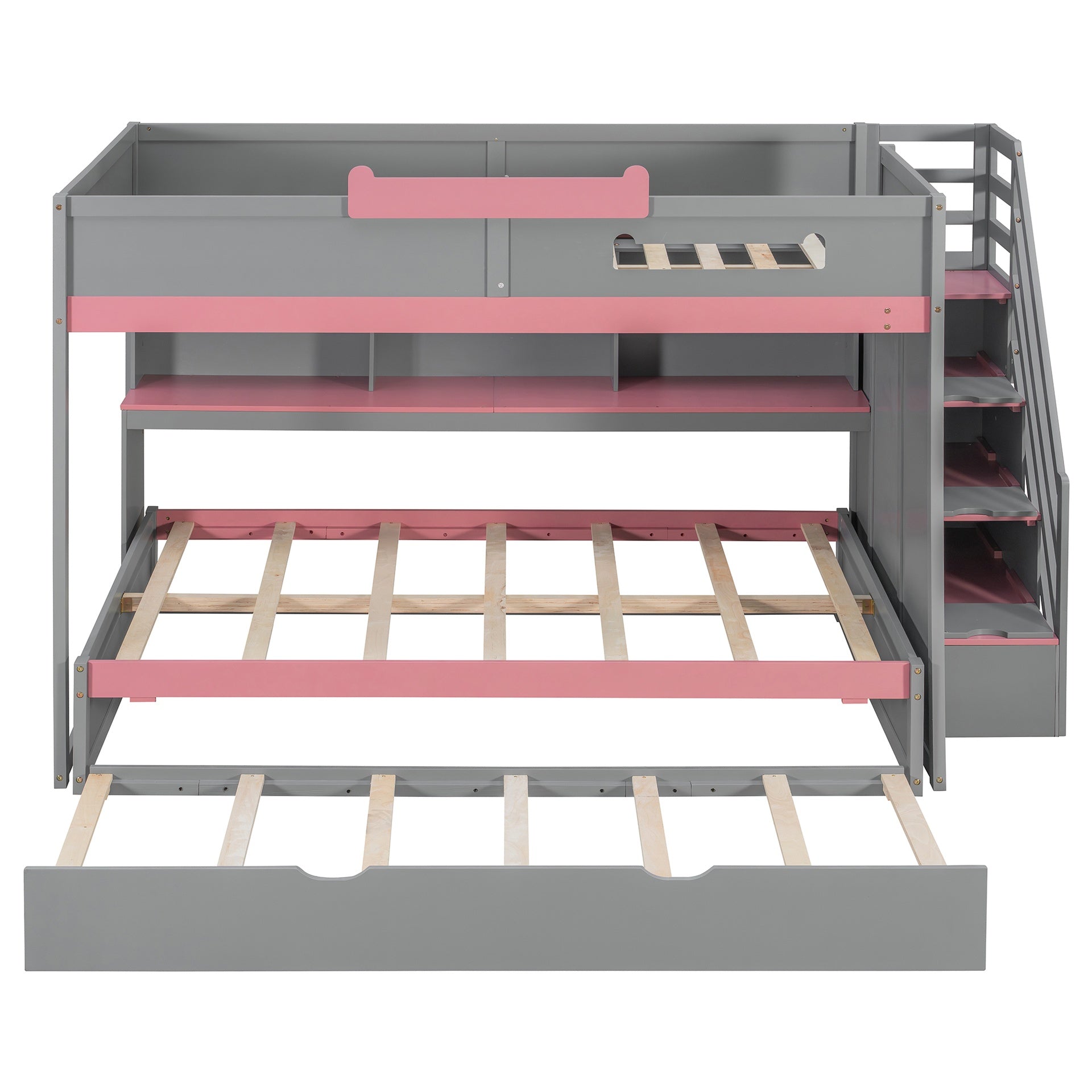 Full Over Full Bunk Bed with Twin Size Trundle and Staircase, Shelves, LED,Gray