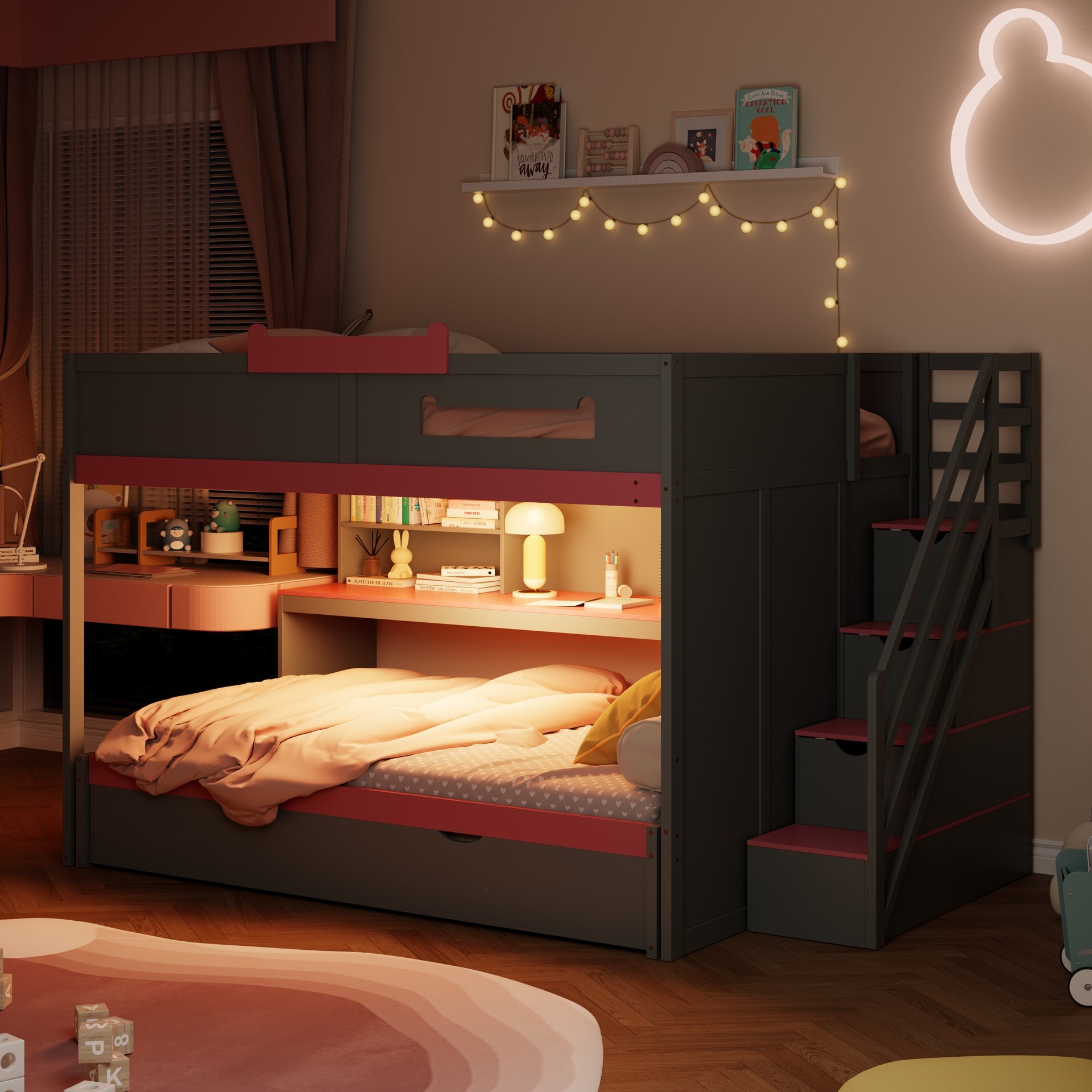 Full Over Full Bunk Bed with Twin Size Trundle and Staircase, Shelves, LED,Gray