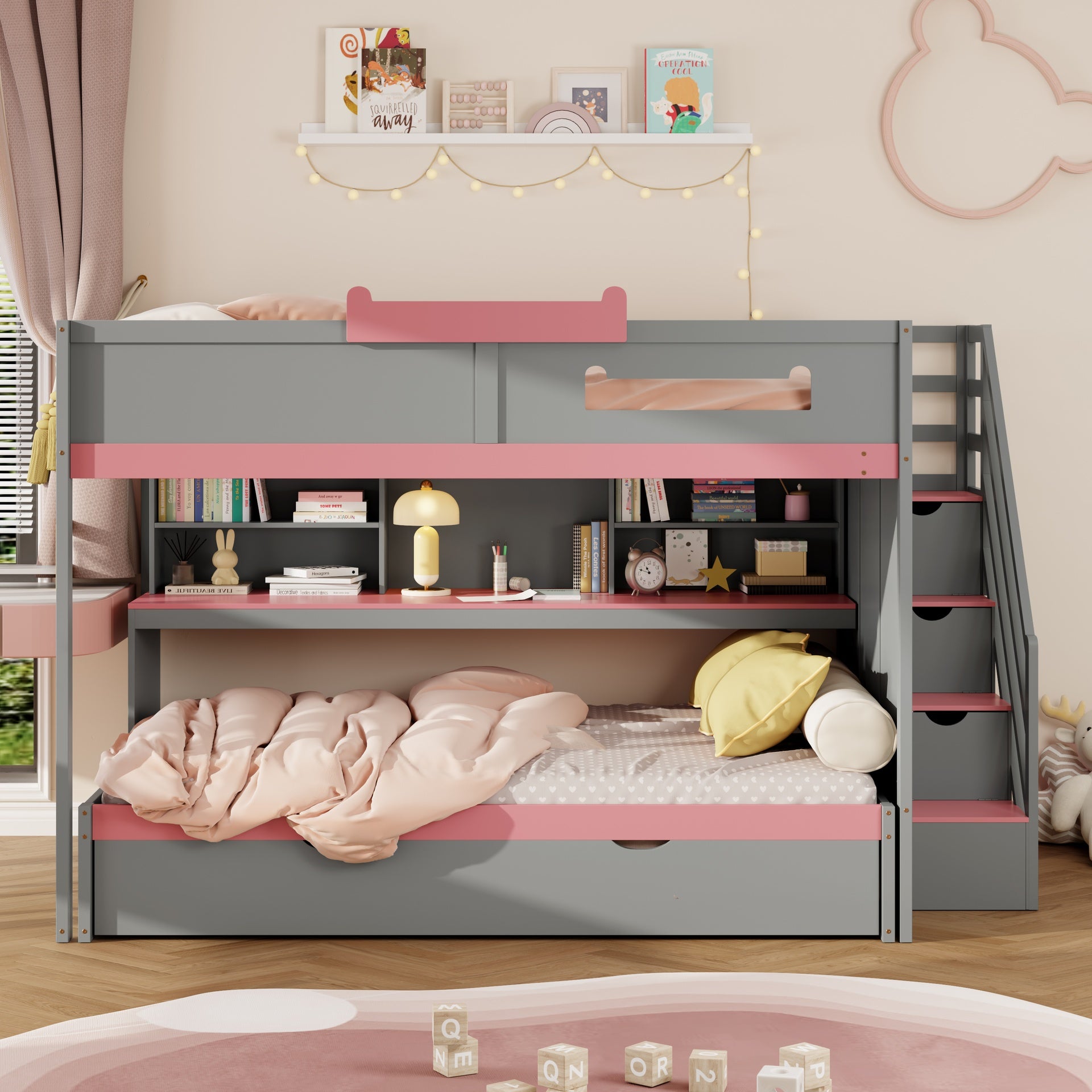 Full Over Full Bunk Bed with Twin Size Trundle and Staircase, Shelves, LED,Gray