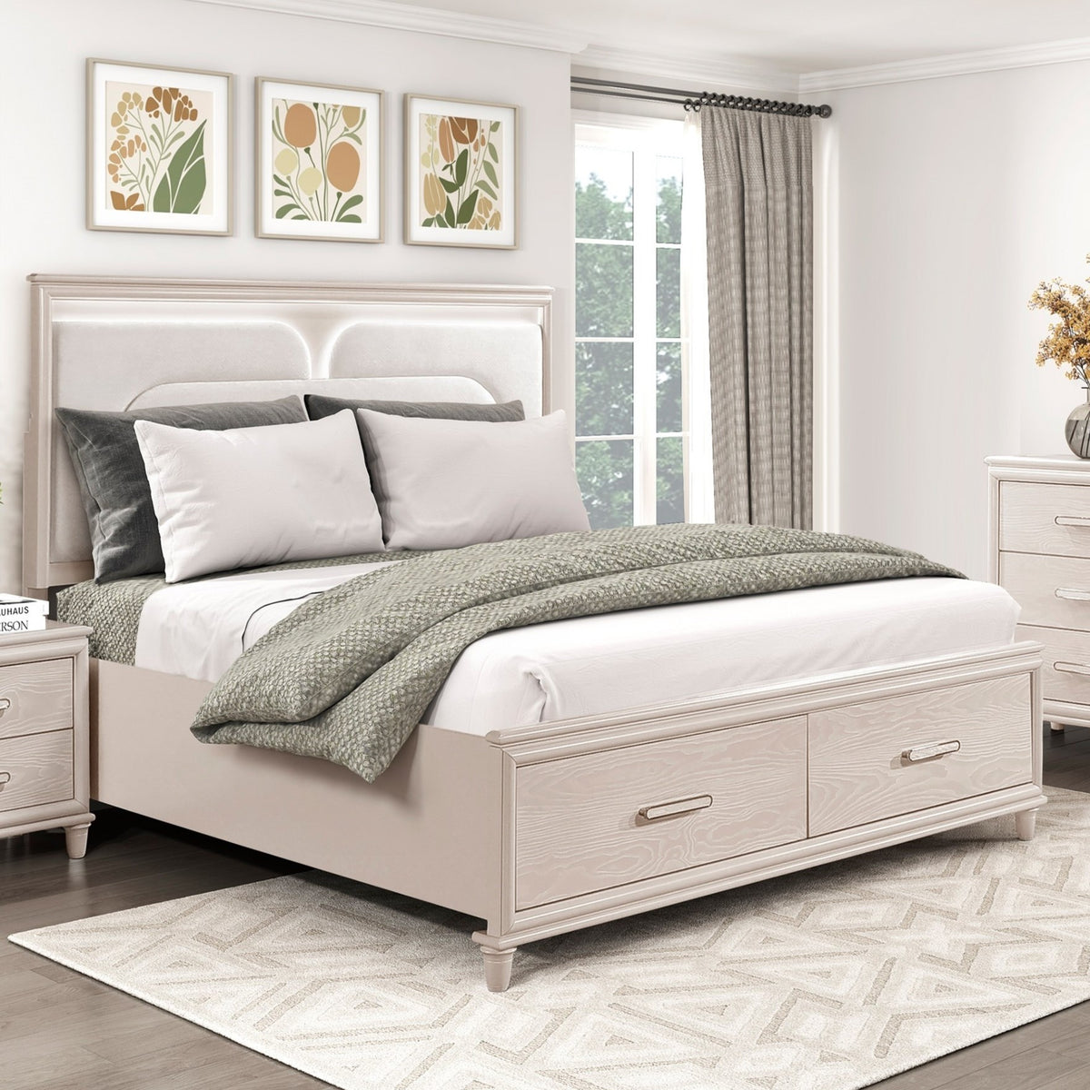 Modern Luxury Queen Platform Bed with Footboard Storage Upholstered Headboard LED Light Wooden Bedroom Furniture 1pc