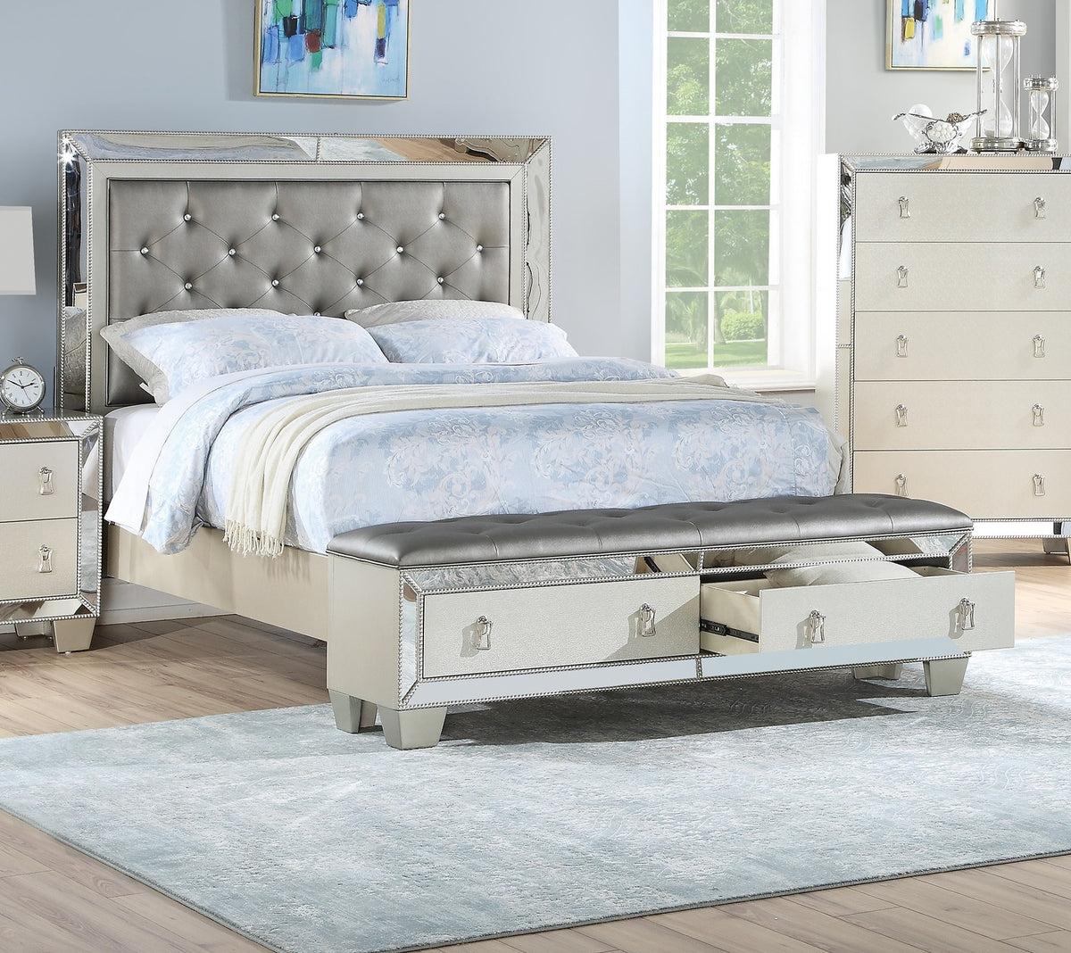 Glam Luxurious 1pc California King Size Bed w Drawers Footboard Silver Mirror Accents Tufted Headboard Bedroom Furniture