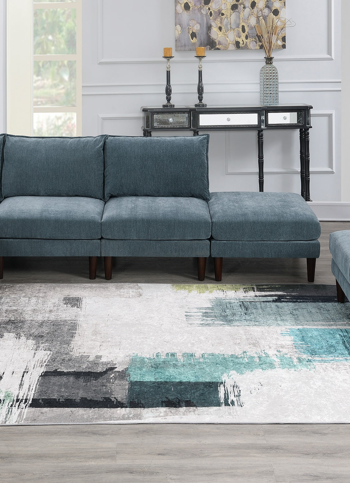 Gorgeous 6pcs Modular Set 4x Armless Chairs 2x Ottomans Living Room Furniture Mineral Color Morgan Fabric Couch