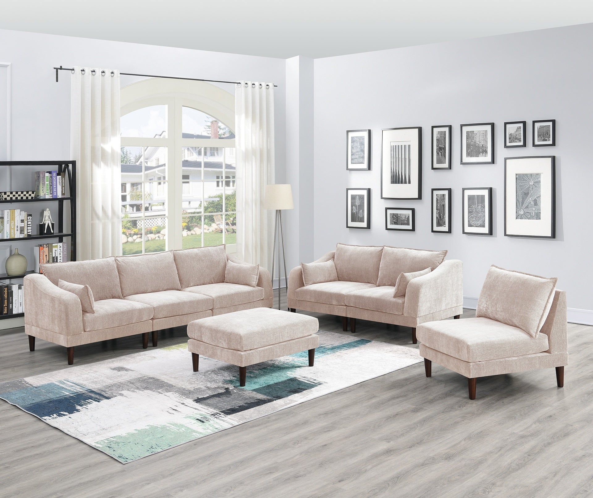 Beautiful 6pcs Modular Sofa Set 4x One Arm Chairs 1x Armless Chair 1x Ottoman Living Room Furniture Blush Pink Morgan Fabric