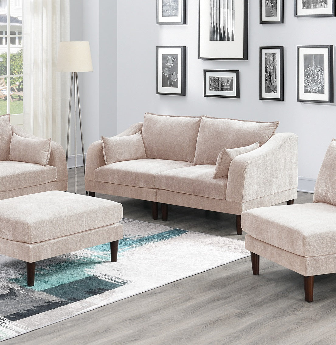 Beautiful 6pcs Modular Sofa Set 4x One Arm Chairs 1x Armless Chair 1x Ottoman Living Room Furniture Blush Pink Morgan Fabric
