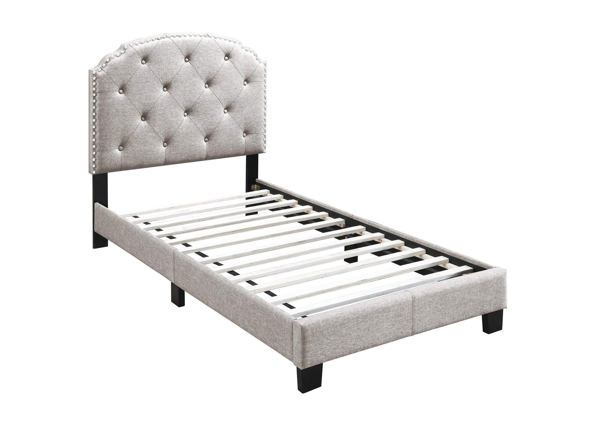 European Style 1pc Twin Size Tufted Headboard Bed Middle Support Legs Burlap Fabric Light Brown Finish Bedroom Furniture