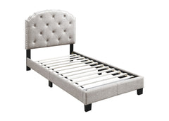 European Style 1pc Twin Size Tufted Headboard Bed Middle Support Legs Burlap Fabric Light Brown Finish Bedroom Furniture