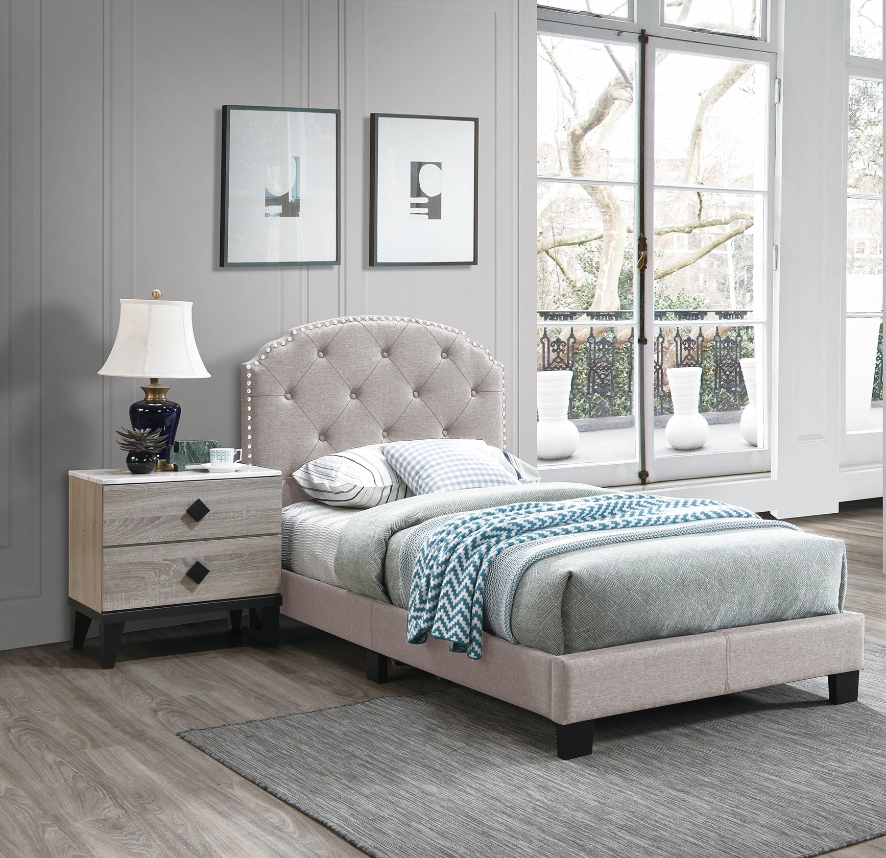 European Style 1pc Twin Size Tufted Headboard Bed Middle Support Legs Burlap Fabric Light Brown Finish Bedroom Furniture