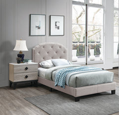 European Style 1pc Twin Size Tufted Headboard Bed Middle Support Legs Burlap Fabric Light Brown Finish Bedroom Furniture