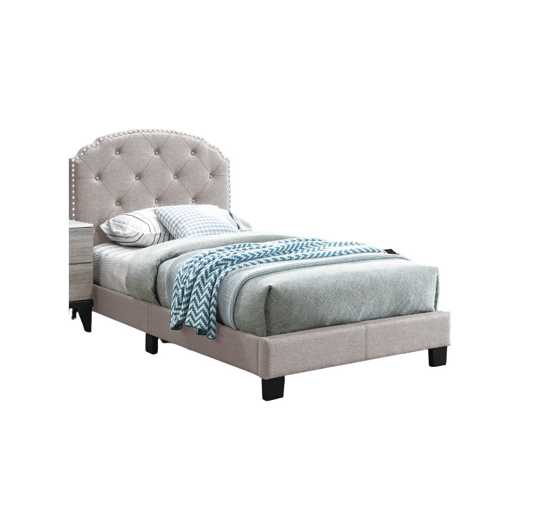 European Style 1pc Twin Size Tufted Headboard Bed Middle Support Legs Burlap Fabric Light Brown Finish Bedroom Furniture