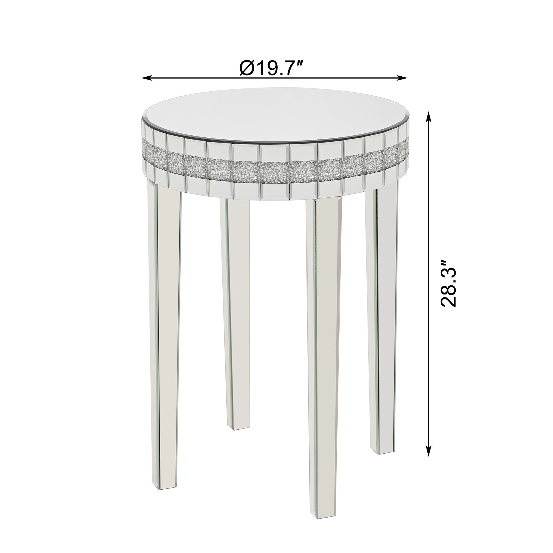 Round Mirror Accent Table, with Silver Mirror Glass Tabletop with Bling Crushed Diamond Edge Frame and Crystal Mirror Legs. End Table for Living Room, Bedroom, Coffee, Entryway,9.7" Diameter x 28.33"