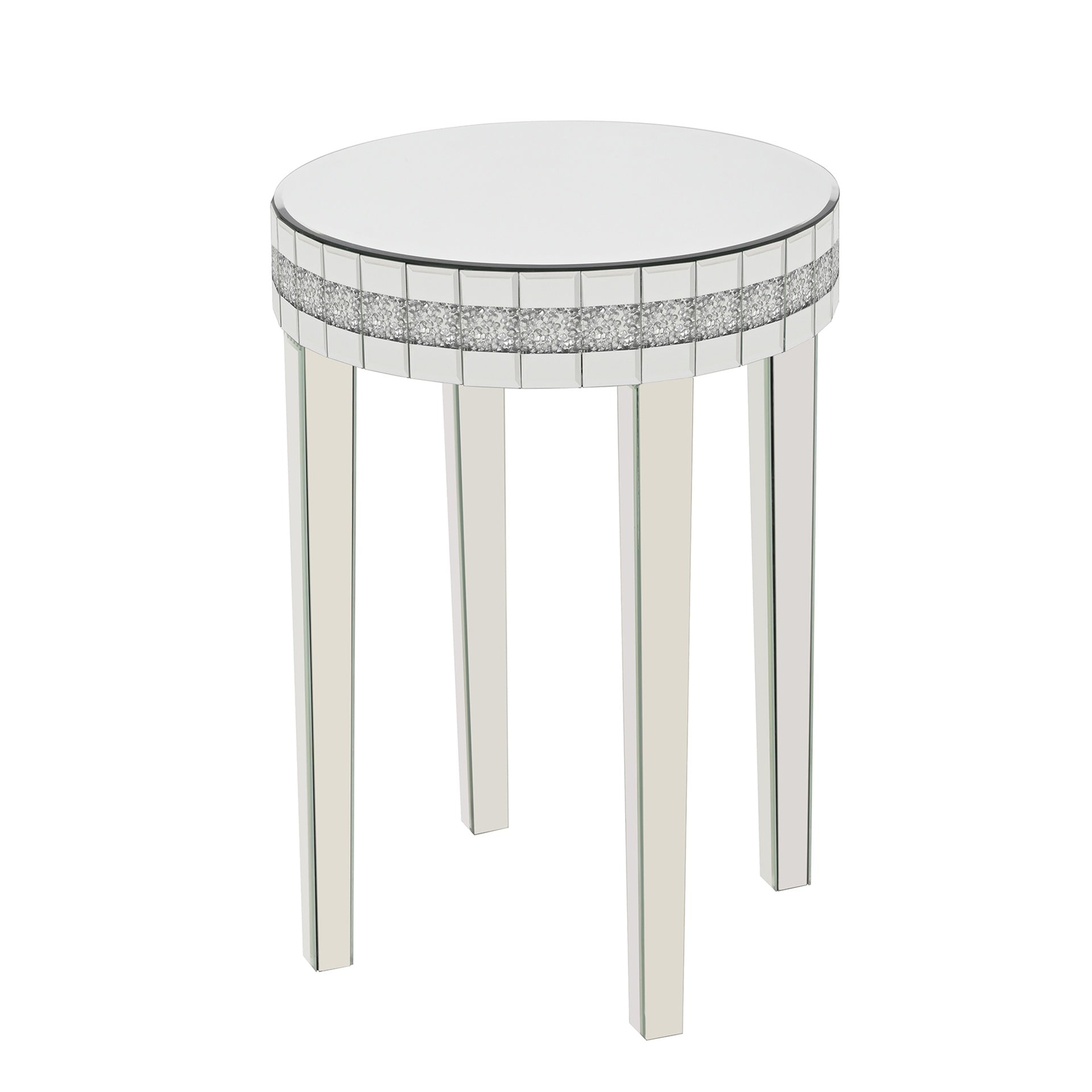 Round Mirror Accent Table, with Silver Mirror Glass Tabletop with Bling Crushed Diamond Edge Frame and Crystal Mirror Legs. End Table for Living Room, Bedroom, Coffee, Entryway,9.7" Diameter x 28.33"