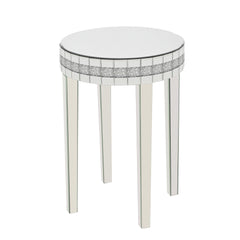 Round Mirror Accent Table, with Silver Mirror Glass Tabletop with Bling Crushed Diamond Edge Frame and Crystal Mirror Legs. End Table for Living Room, Bedroom, Coffee, Entryway,9.7" Diameter x 28.33"