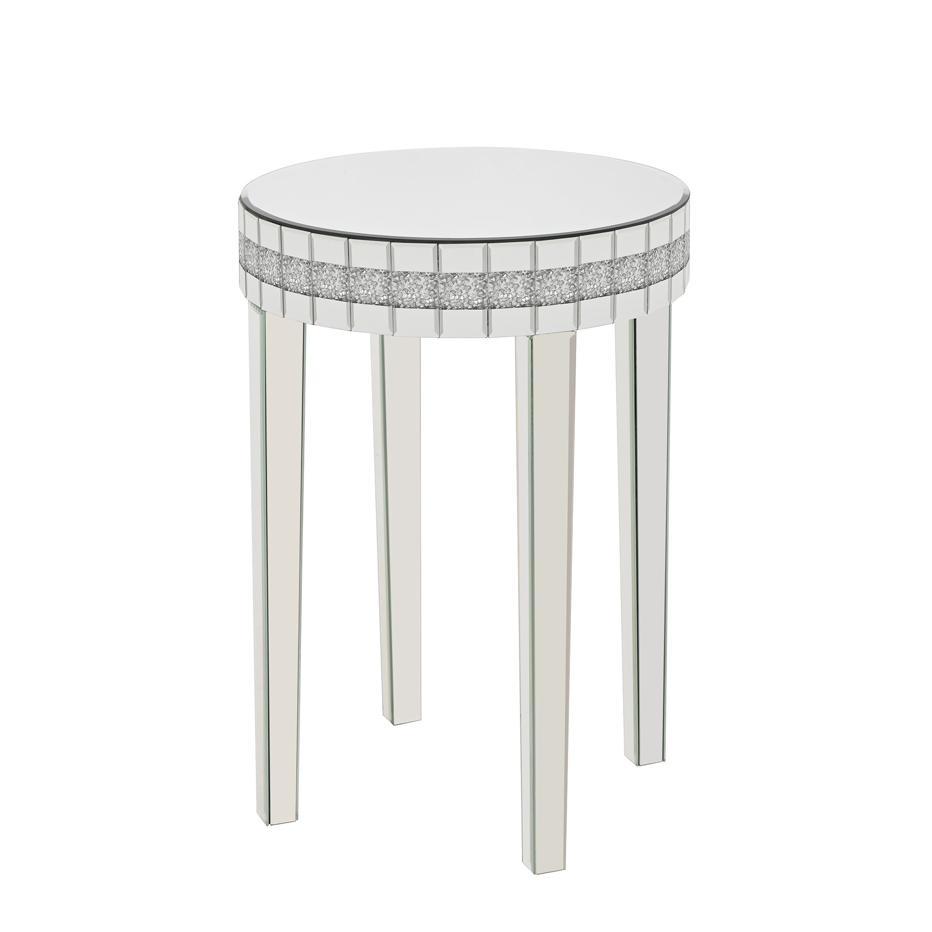 Round Mirror Accent Table, with Silver Mirror Glass Tabletop with Bling Crushed Diamond Edge Frame and Crystal Mirror Legs. End Table for Living Room, Bedroom, Coffee, Entryway,9.7" Diameter x 28.33"