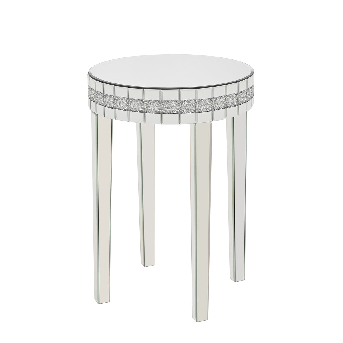 Round Mirror Accent Table, with Silver Mirror Glass Tabletop with Bling Crushed Diamond Edge Frame and Crystal Mirror Legs. End Table for Living Room, Bedroom, Coffee, Entryway,9.7" Diameter x 28.33"