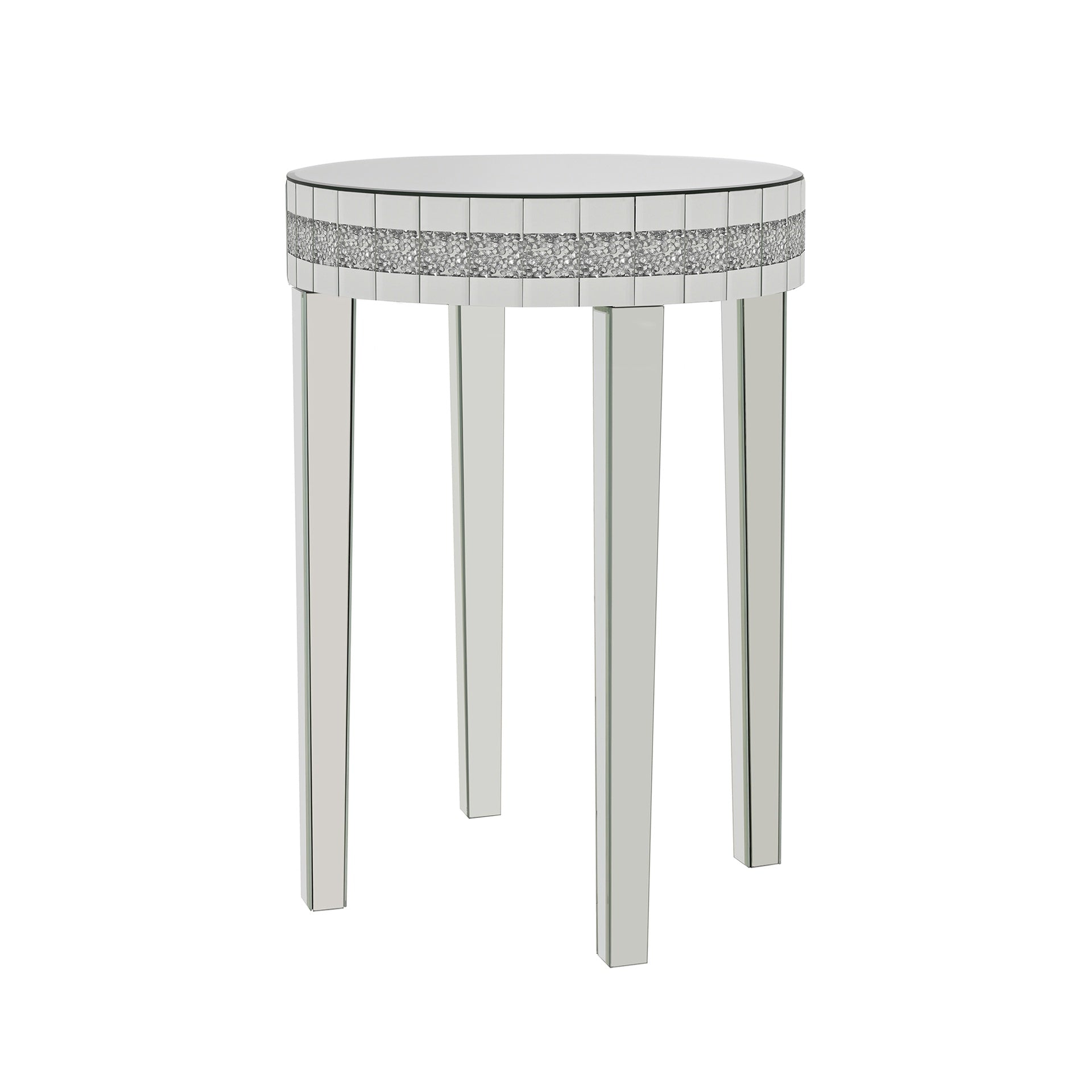 Round Mirror Accent Table, with Silver Mirror Glass Tabletop with Bling Crushed Diamond Edge Frame and Crystal Mirror Legs. End Table for Living Room, Bedroom, Coffee, Entryway,9.7" Diameter x 28.33"