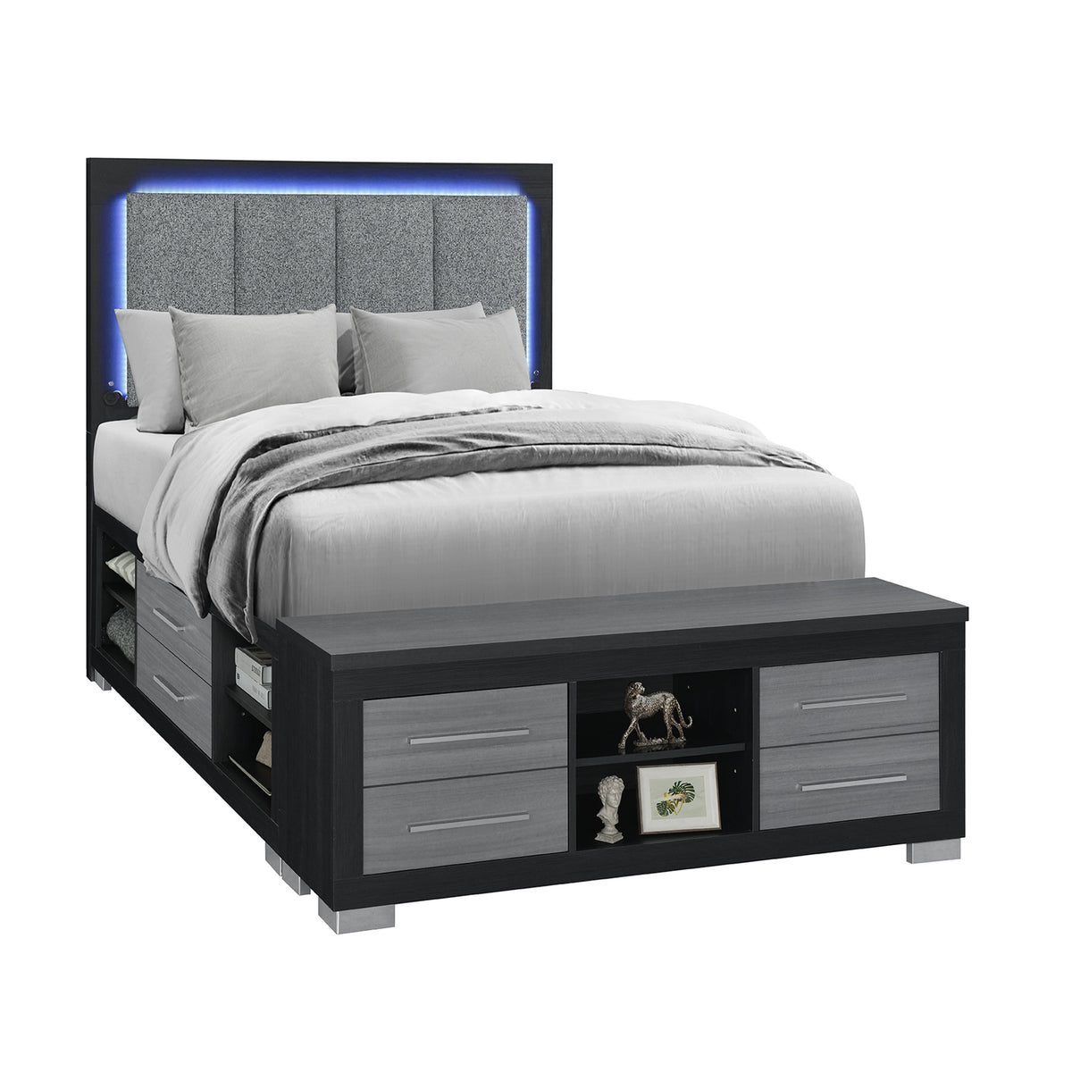 Elsa Black and Grey Storage and LED Queen Bed