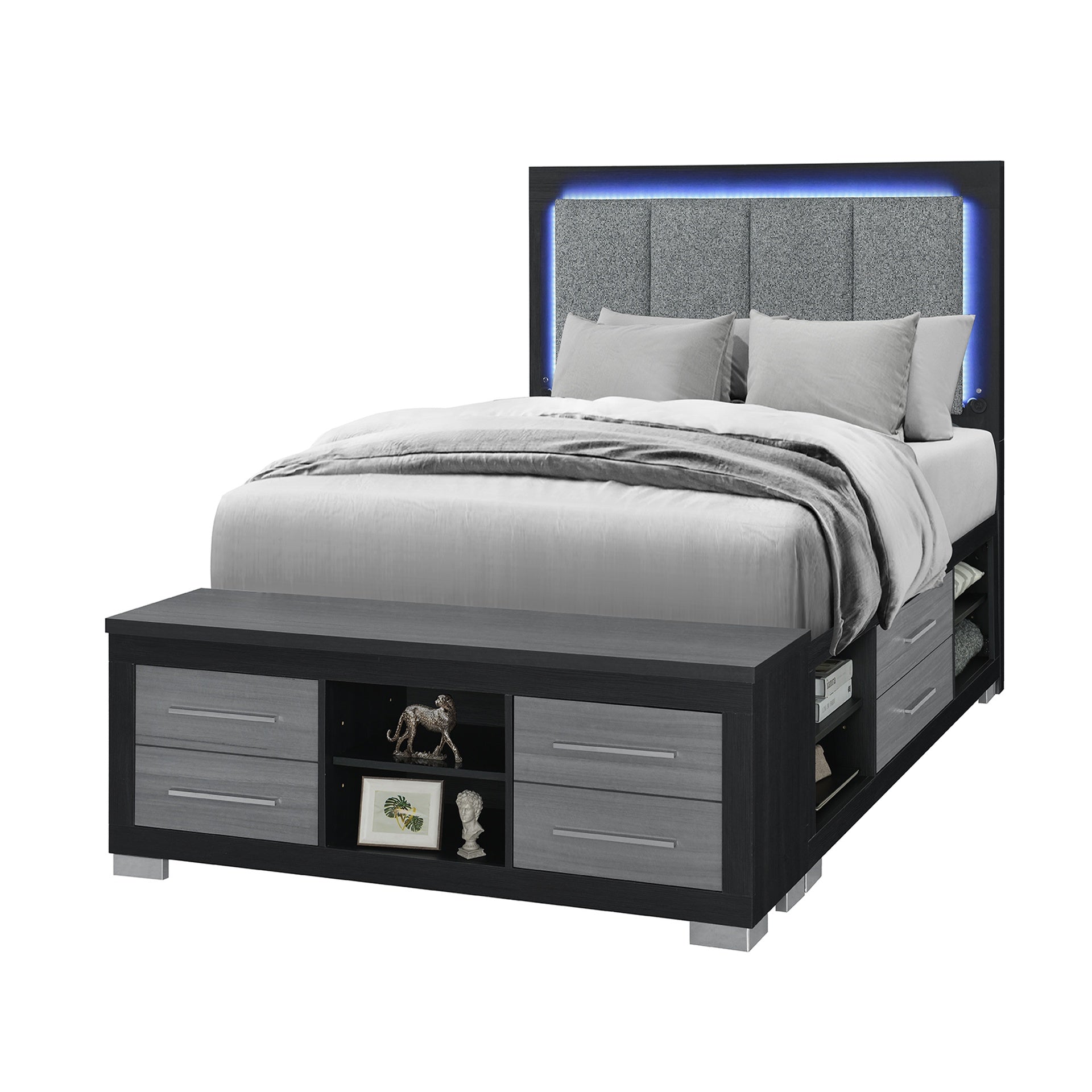 Elsa Black and Grey Storage and LED Queen Bed