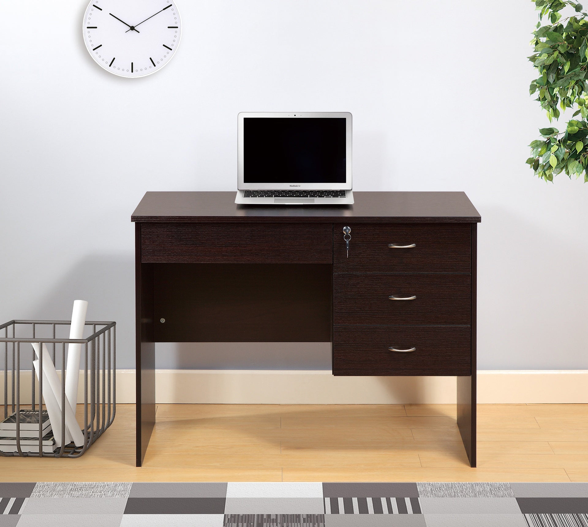 Three locking drawers on metal glides Student Desk Work Desk Modesty Panel Metal Bar Handles