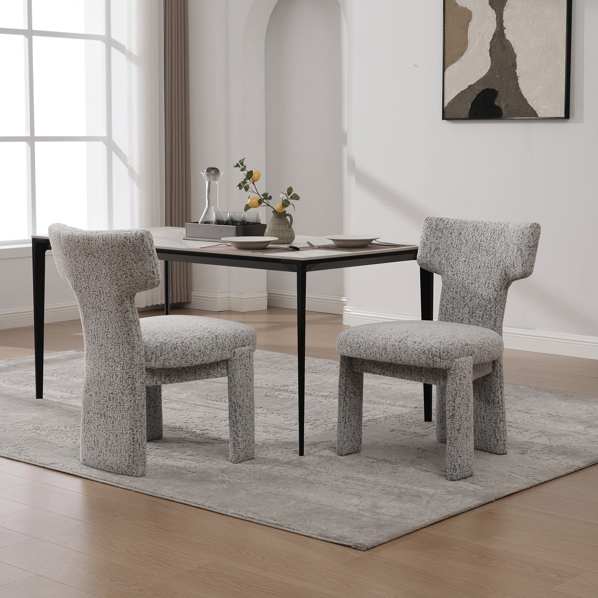 22.05" Wide Modern Upholstered Chenille Dining Chair Set of 2 with Rubberwood Legs, Armless Curved Back Accent Chairs for Living Room Bedroom Restaurant Cafes Dining Room Reception, White/Black