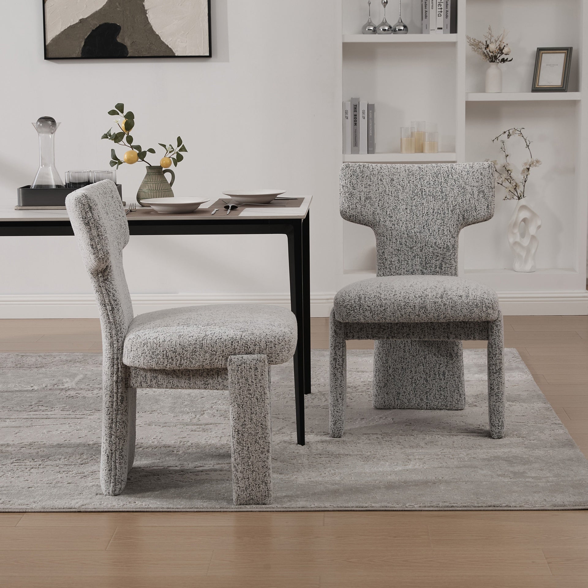 22.05" Wide Modern Upholstered Chenille Dining Chair Set of 2 with Rubberwood Legs, Armless Curved Back Accent Chairs for Living Room Bedroom Restaurant Cafes Dining Room Reception, White/Black