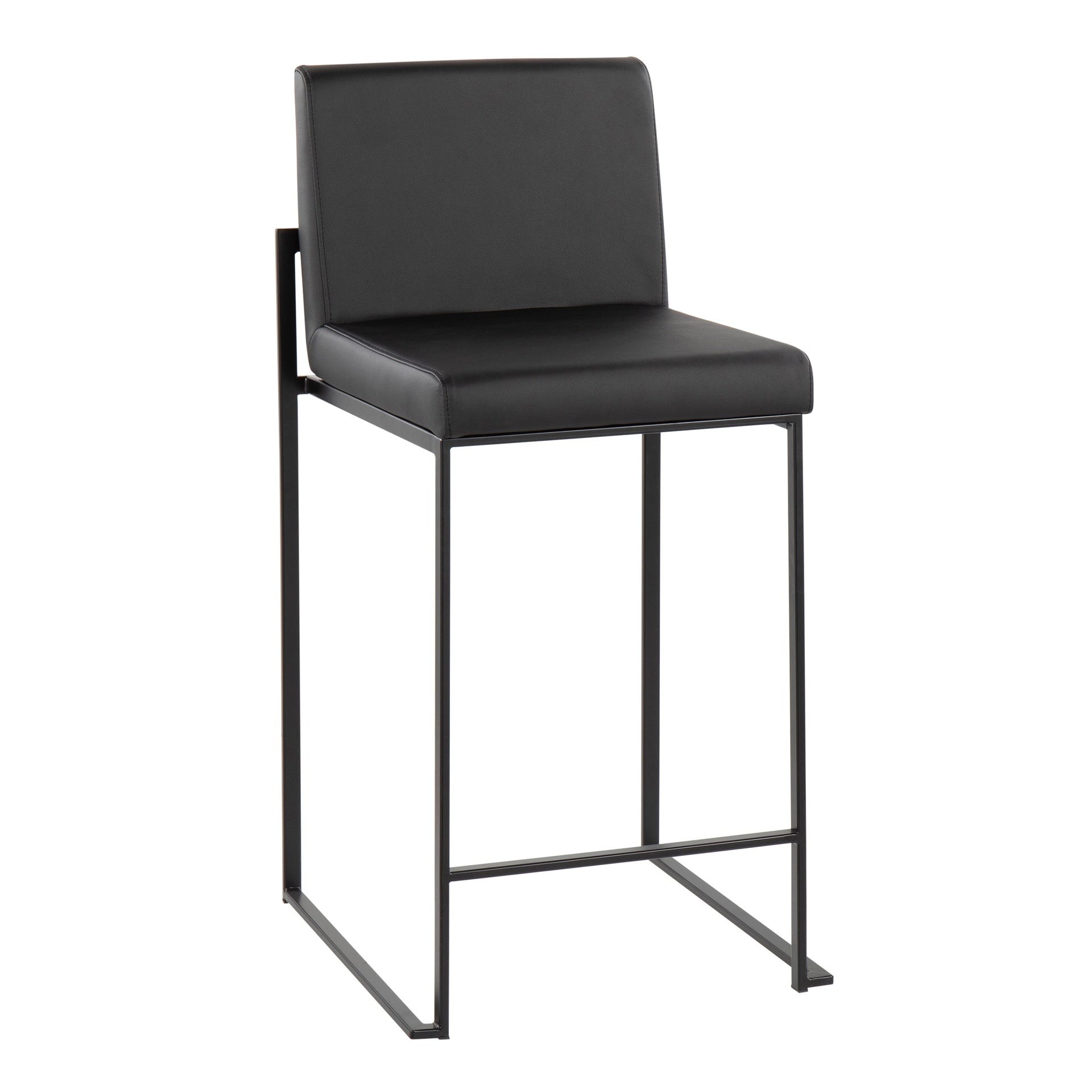 Fuji Contemporary High Back Counter Stool in Black Steel and Black Faux Leather by LumiSource - Set of 2
