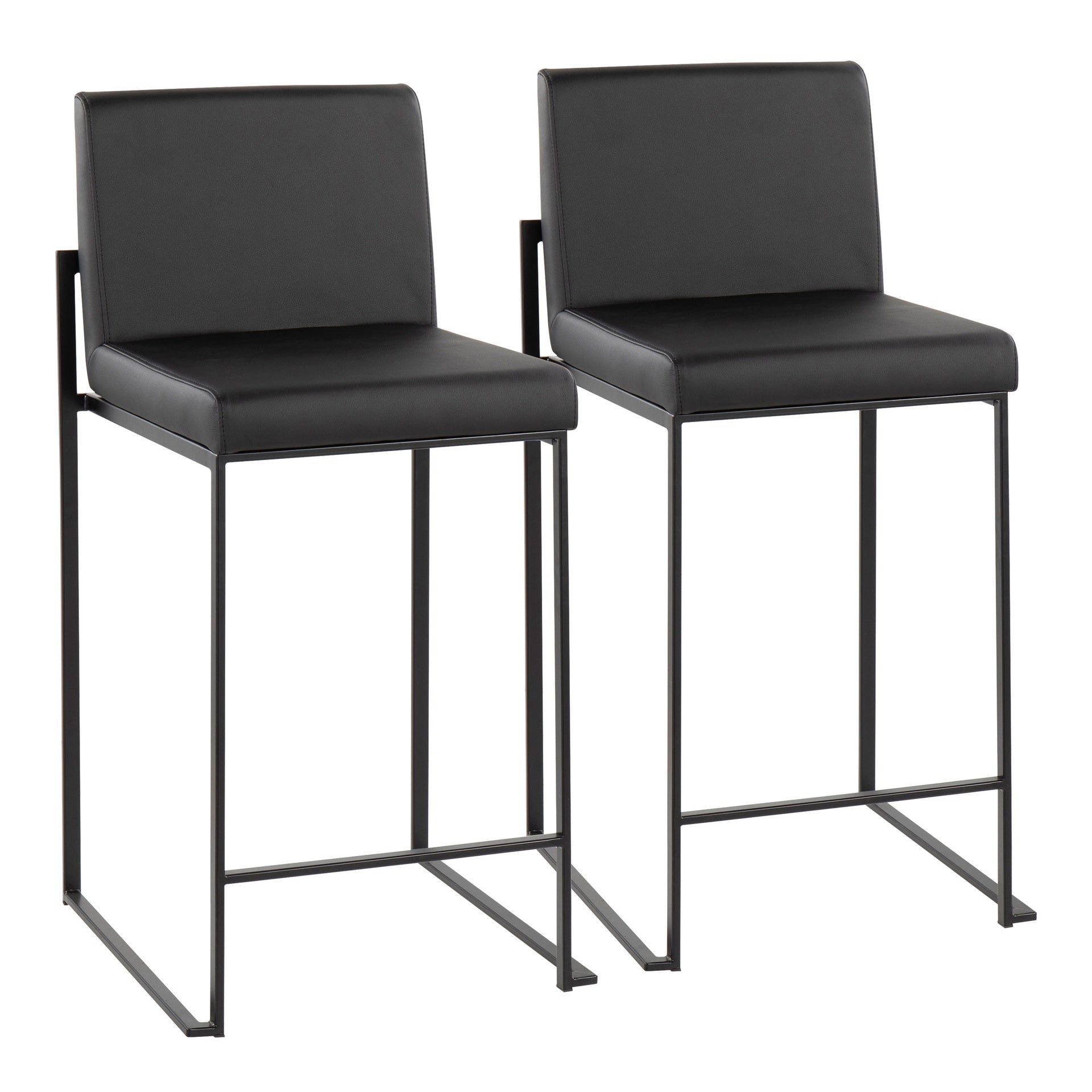 Fuji Contemporary High Back Counter Stool in Black Steel and Black Faux Leather by LumiSource - Set of 2