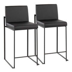 Fuji Contemporary High Back Counter Stool in Black Steel and Black Faux Leather by LumiSource - Set of 2