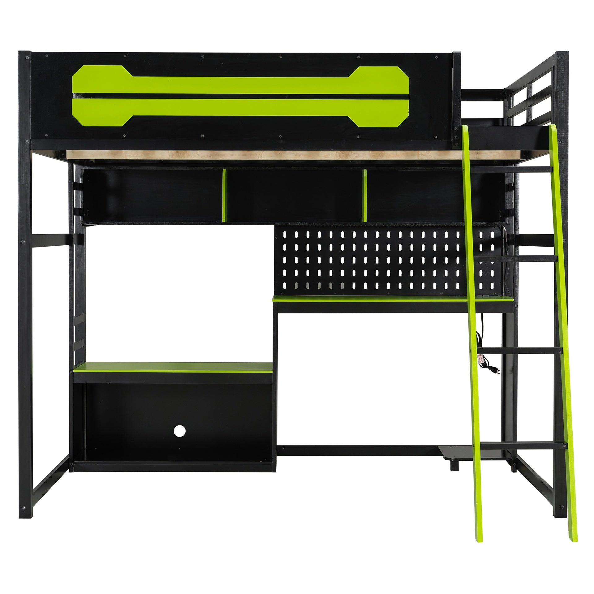 Full Size Wood Loft Bed with Desk, Shelves, LED Lights, USB Ports and Pegboard, Black+Green