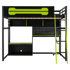 Full Size Wood Loft Bed with Desk, Shelves, LED Lights, USB Ports and Pegboard, Black+Green