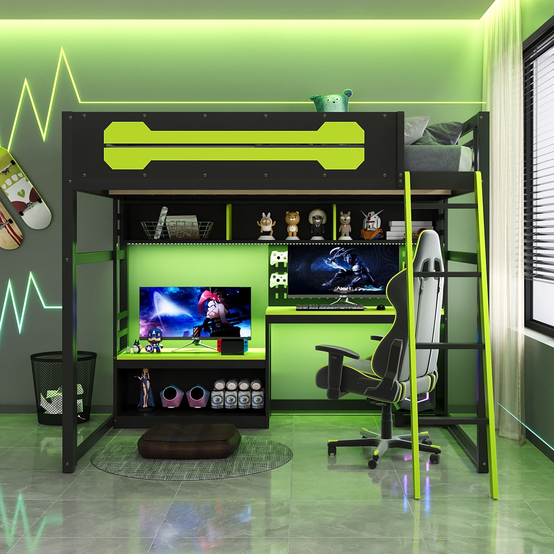 Full Size Wood Loft Bed with Desk, Shelves, LED Lights, USB Ports and Pegboard, Black+Green