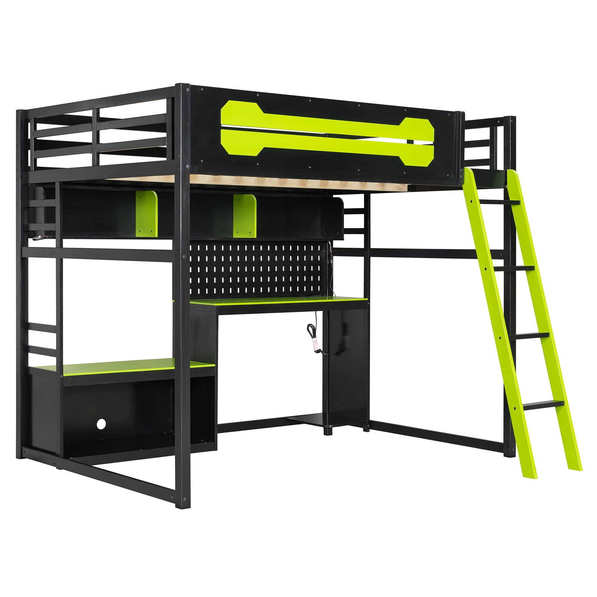 Full Size Wood Loft Bed with Desk, Shelves, LED Lights, USB Ports and Pegboard, Black+Green