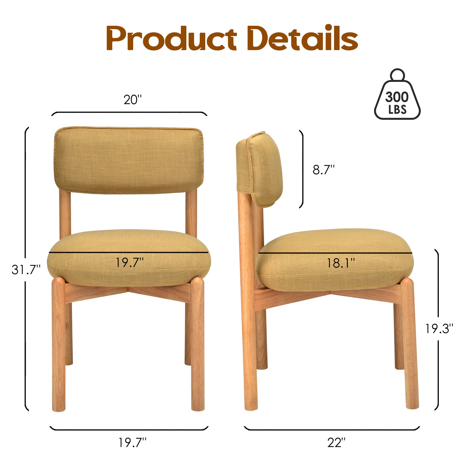 Modern Wooden Blended Linen Yellow Dining Chair (Set of 2)