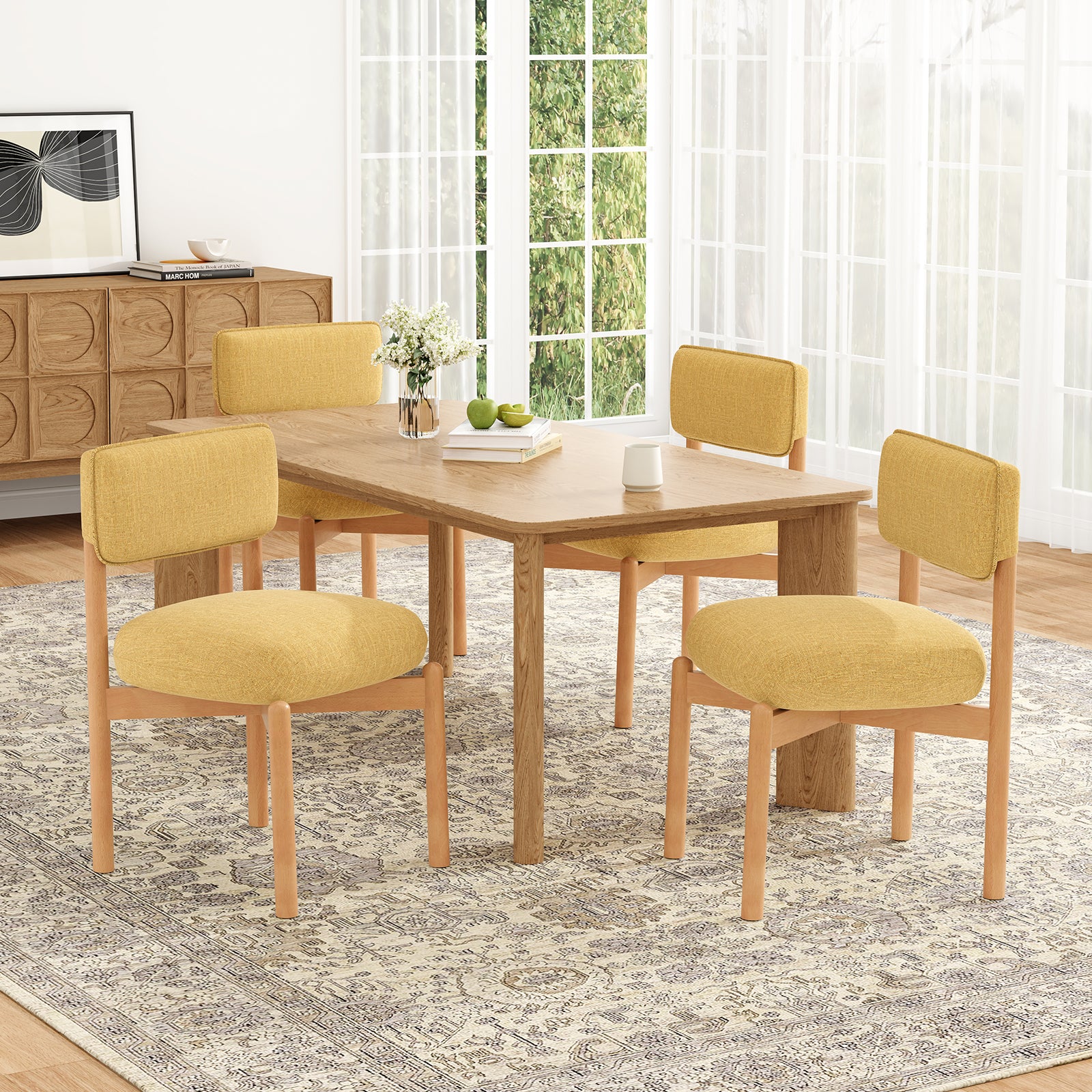 Modern Wooden Blended Linen Yellow Dining Chair (Set of 2)