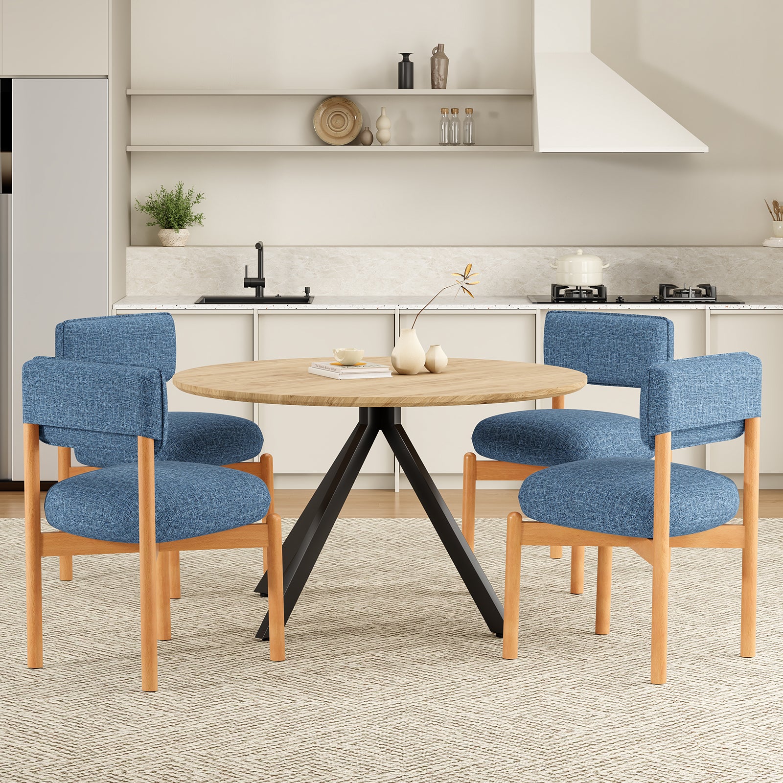 Modern Wooden Blended Linen Blue Dining Chair (Set of 2)