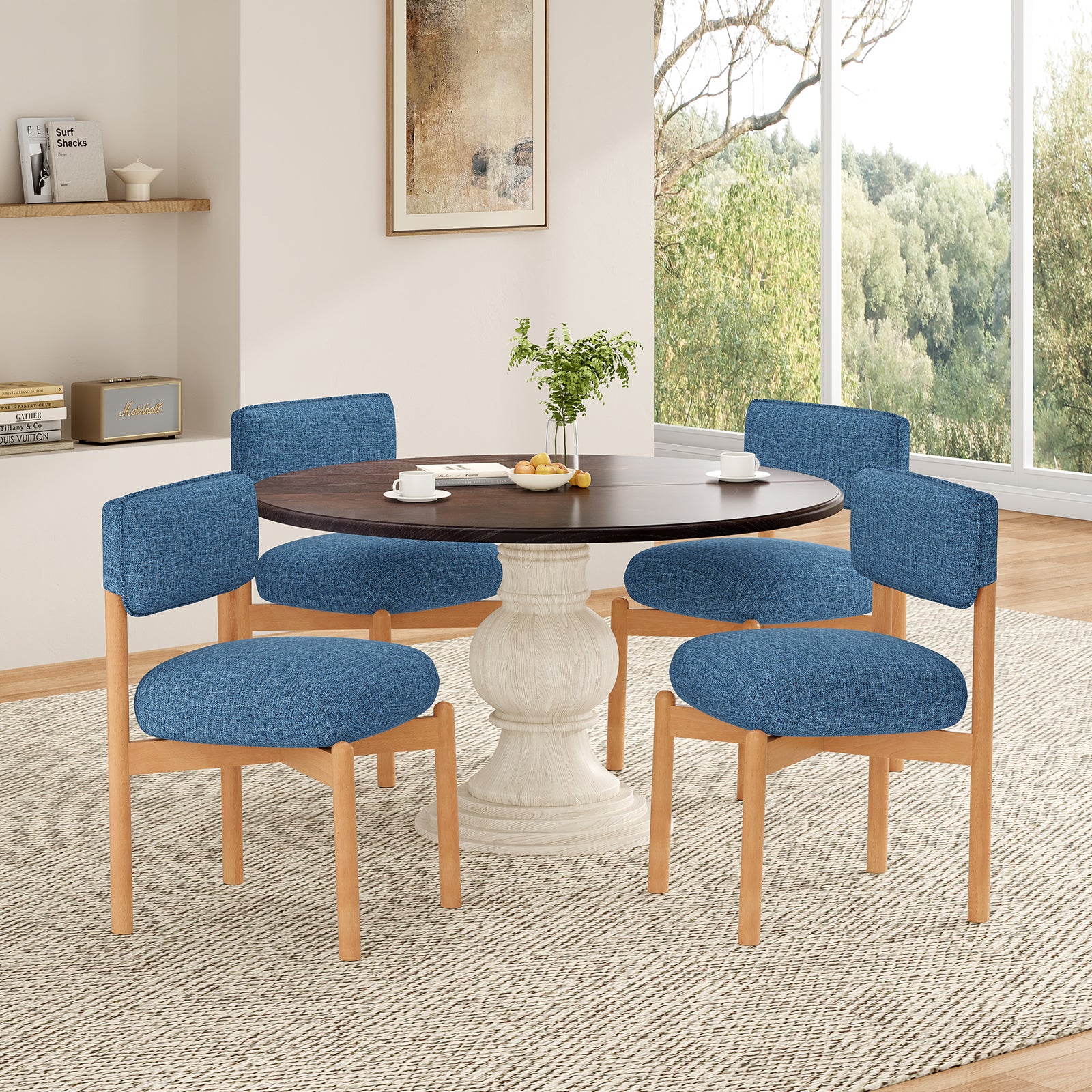 Modern Wooden Blended Linen Blue Dining Chair (Set of 2)