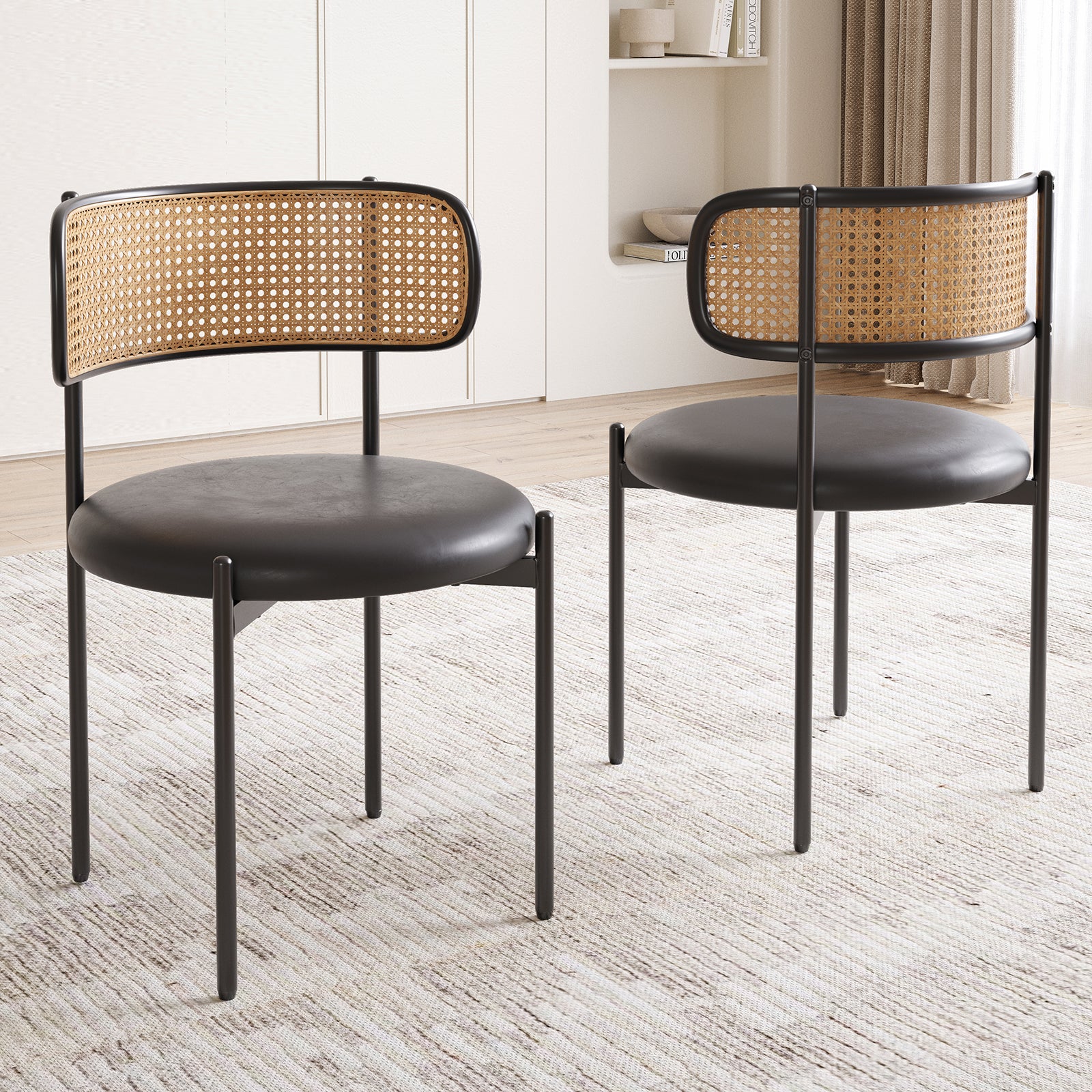 Dining Chairs Set of 4, PU Leather Upholstered Seat with Woven Rattan Back, Sturdy Metal Legs Modern Side Chairs for Kitchen Living Room Restaurant
