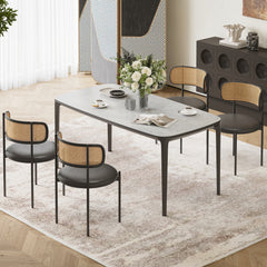Dining Chairs Set of 4, PU Leather Upholstered Seat with Woven Rattan Back, Sturdy Metal Legs Modern Side Chairs for Kitchen Living Room Restaurant