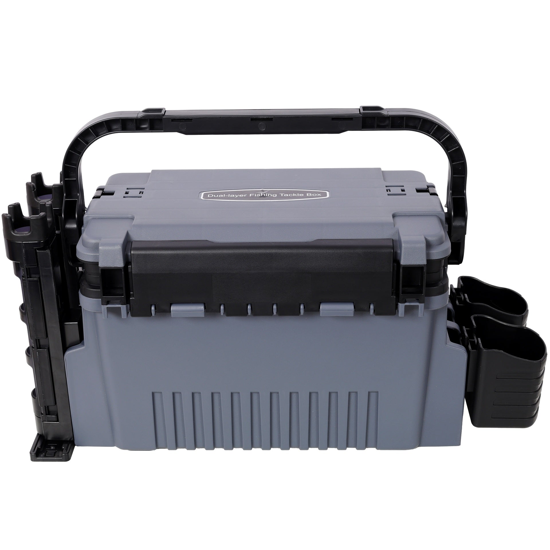 Dual-layer Fishing Tackle Box,Tackle Box Organizer Fishing Box Large,With 2pcs Rod Holder,2pcs Cup Holder,1pc Carring Strap,Gray