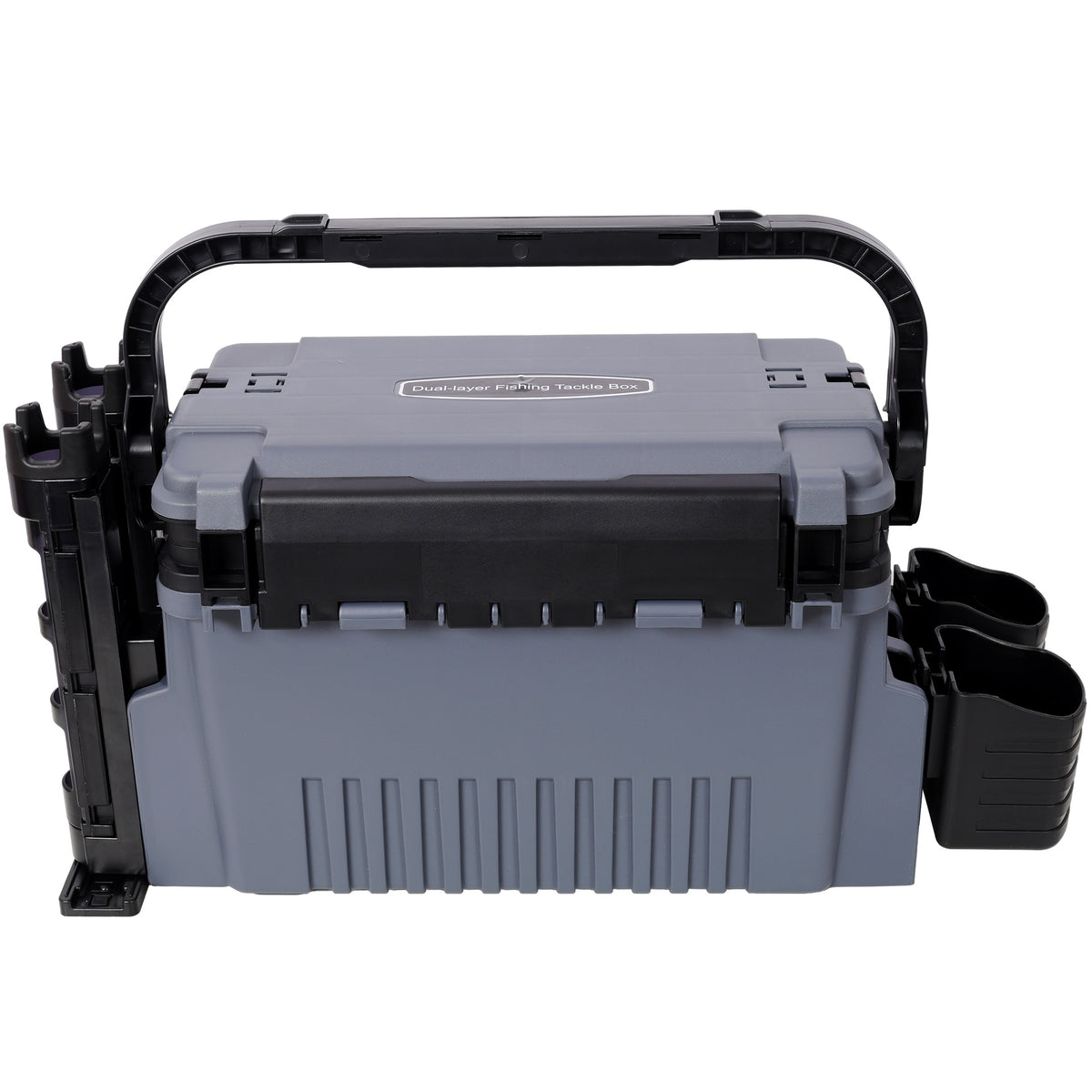 Dual-layer Fishing Tackle Box,Tackle Box Organizer Fishing Box Large,With 2pcs Rod Holder,2pcs Cup Holder,1pc Carring Strap,Gray