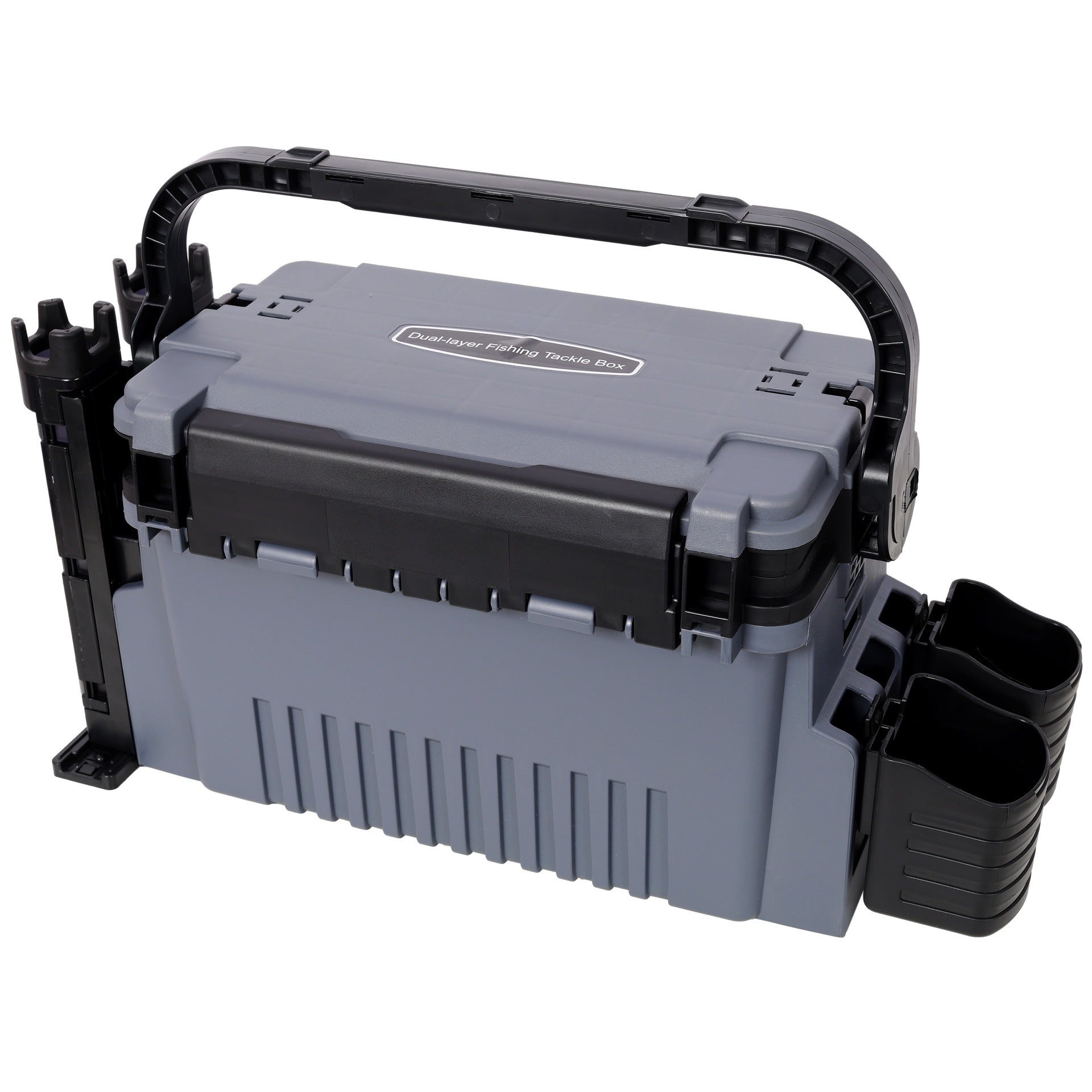 Dual-layer Fishing Tackle Box,Tackle Box Organizer Fishing Box Large,With 2pcs Rod Holder,2pcs Cup Holder,1pc Carring Strap,Gray