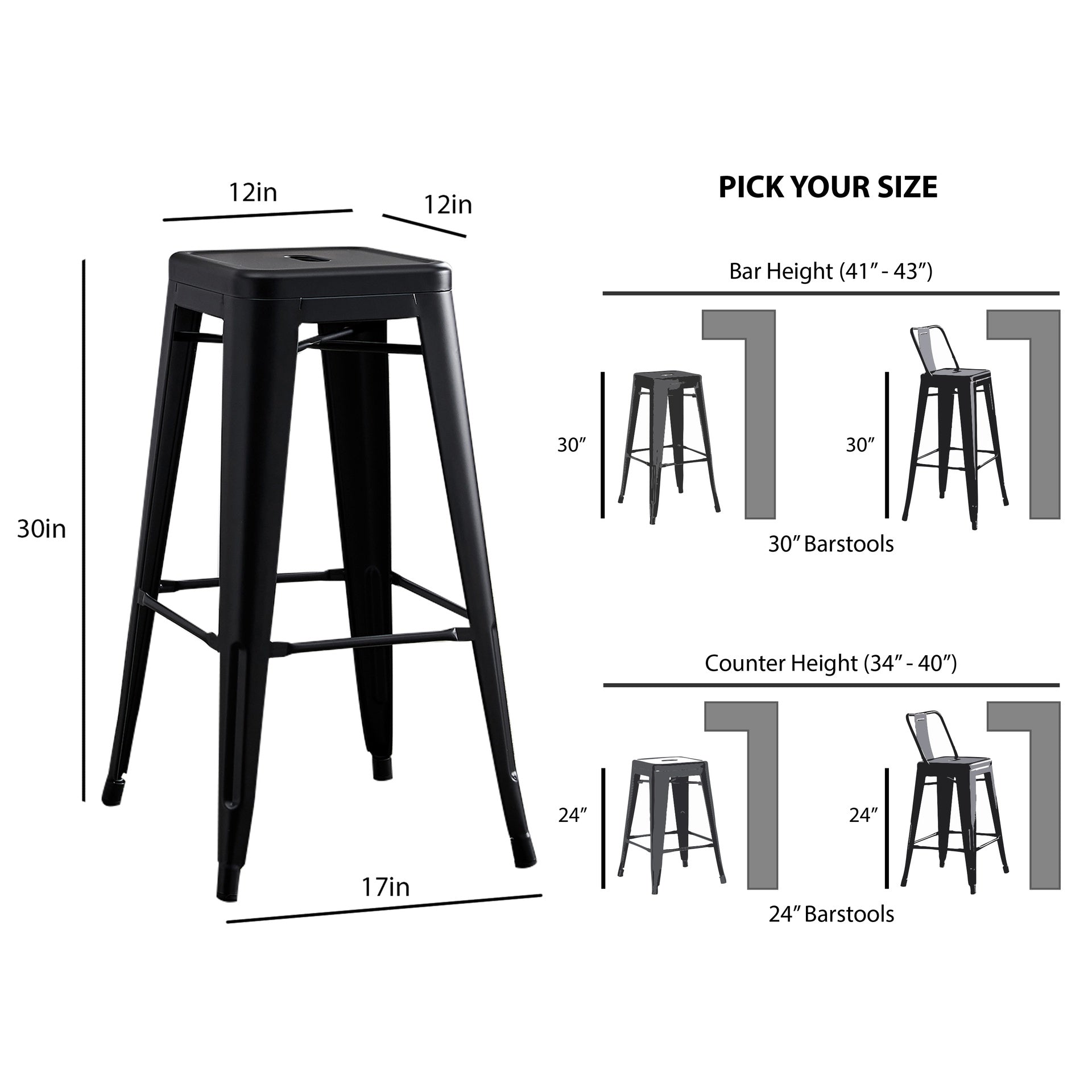 Backless Modern Light Weight Industrial Rustic Vintage Costal Metal Bar Stools with No Back and 4 Leg Design (Set of 2) (30" Seat, Matte Black)