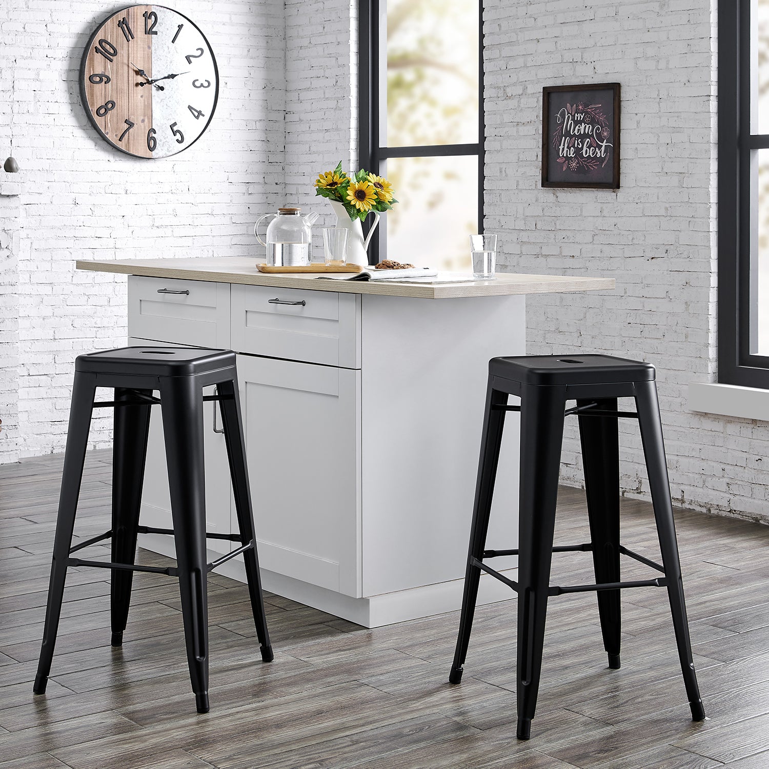 Backless Modern Light Weight Industrial Rustic Vintage Costal Metal Bar Stools with No Back and 4 Leg Design (Set of 2) (30" Seat, Matte Black)