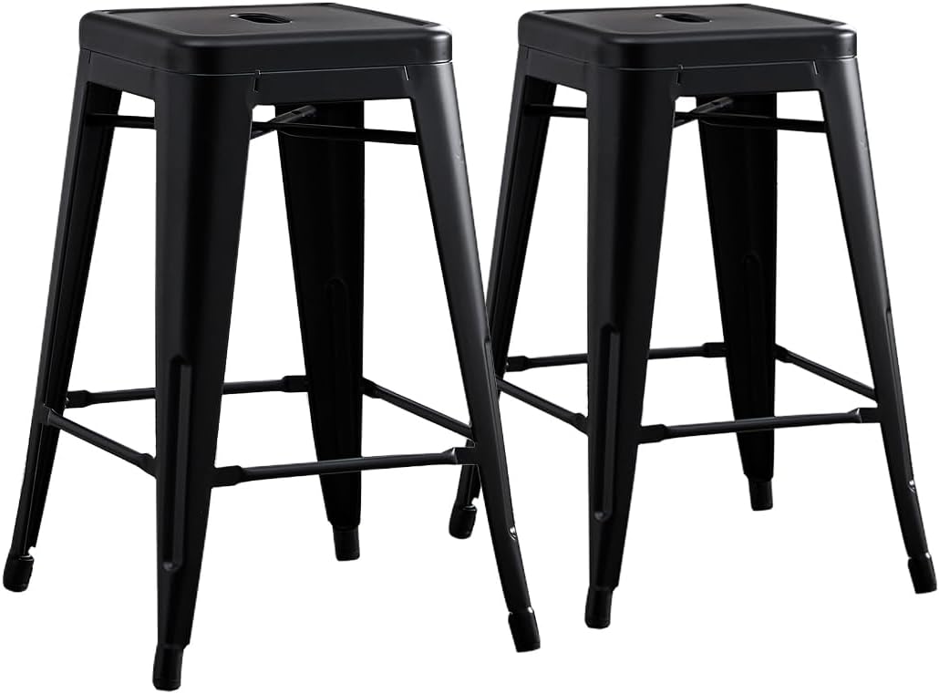 Backless Modern Light Weight Industrial Rustic Vintage Costal Metal Bar Stools with No Back and 4 Leg Design (Set of 2) (30" Seat, Matte Black)