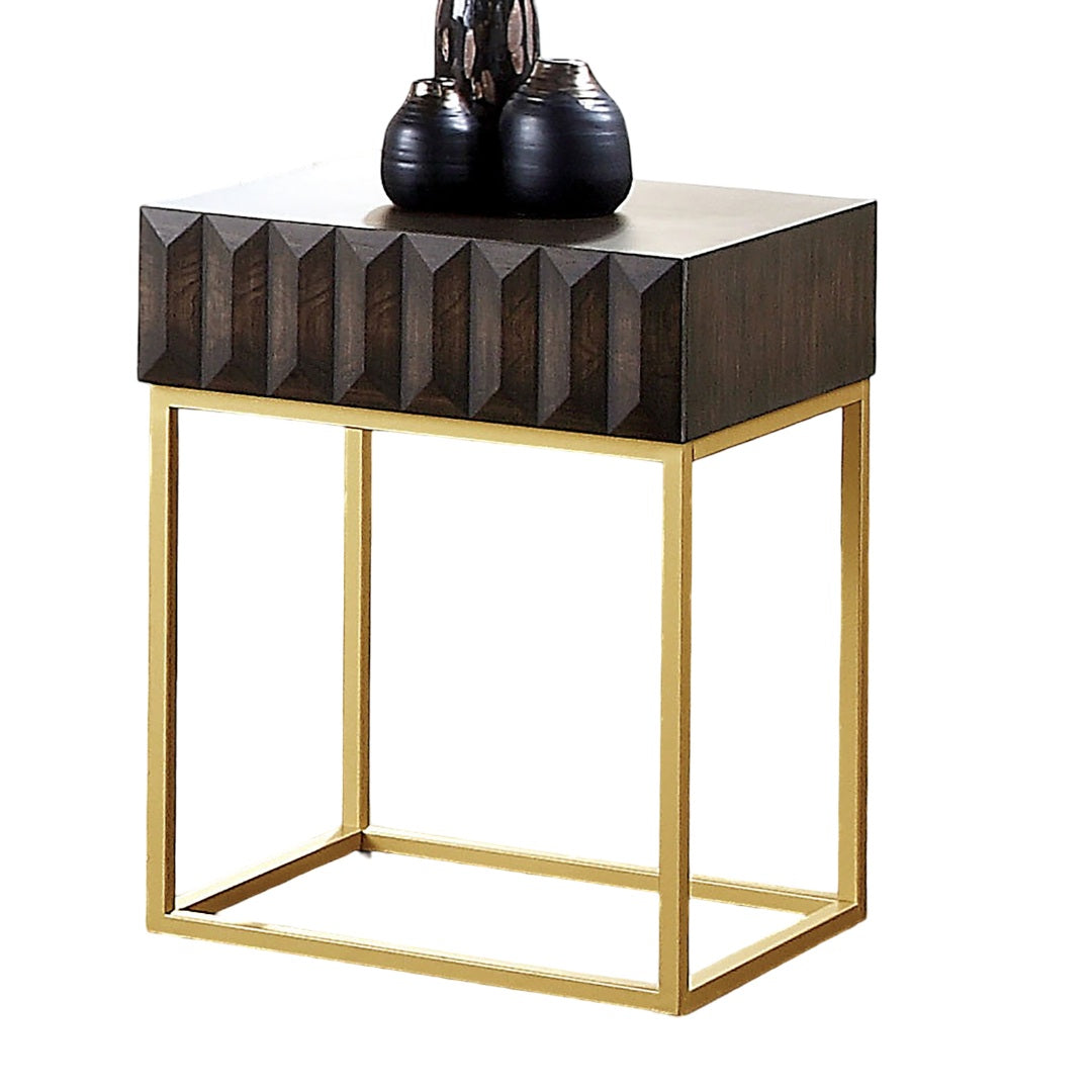 Contemporary Style Side Table Metal Structure Conceal Drawers Gold Steel legs Walnut And Gold Finish Ball Bearing Glides Texture Panel Coffee Table-Not Included