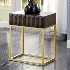 Contemporary Style Side Table Metal Structure Conceal Drawers Gold Steel legs Walnut And Gold Finish Ball Bearing Glides Texture Panel Coffee Table-Not Included